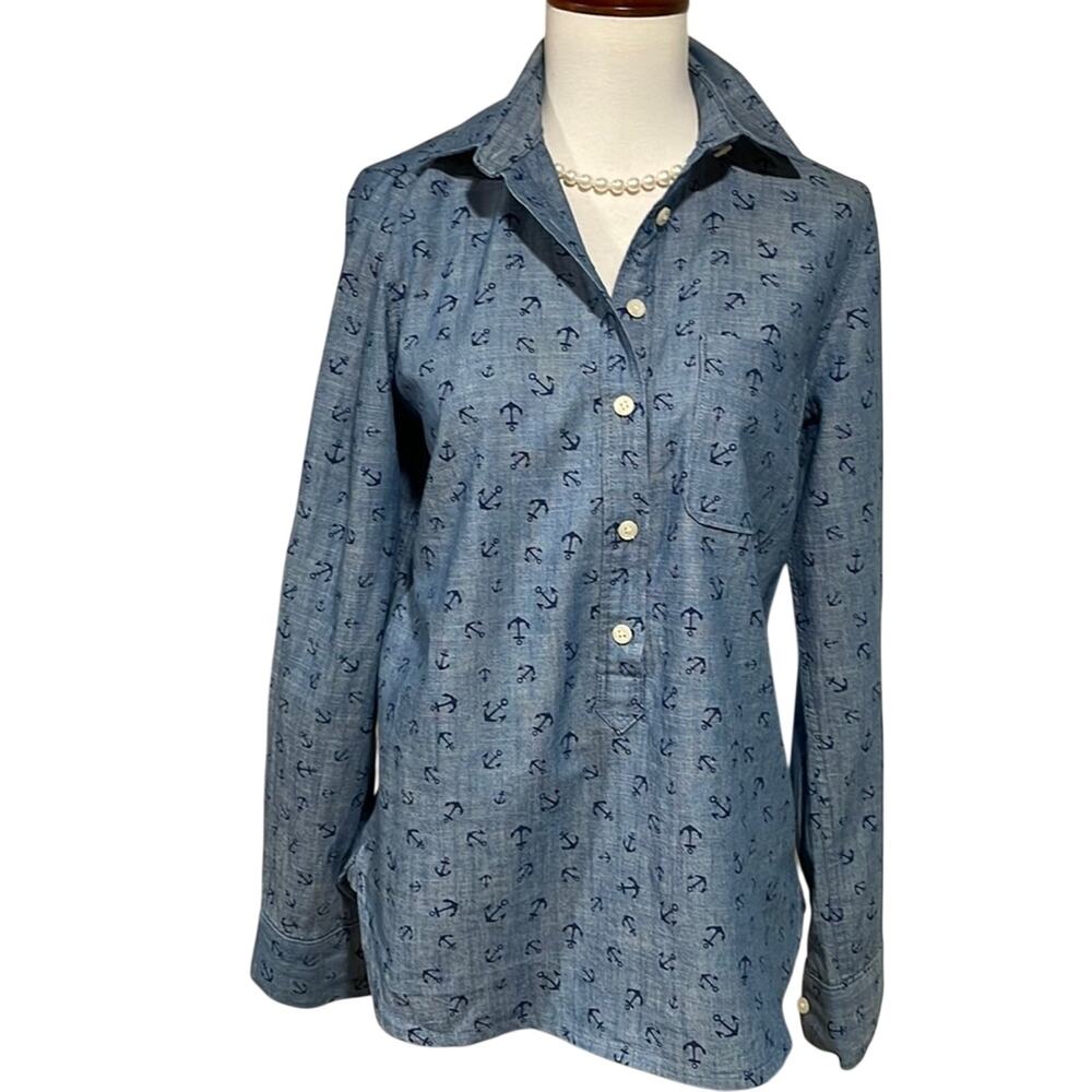 J Crew chambray anchors button-up top Sz XS Preppy Beach Coastal Roomy Cotton - Picture 2 of 8